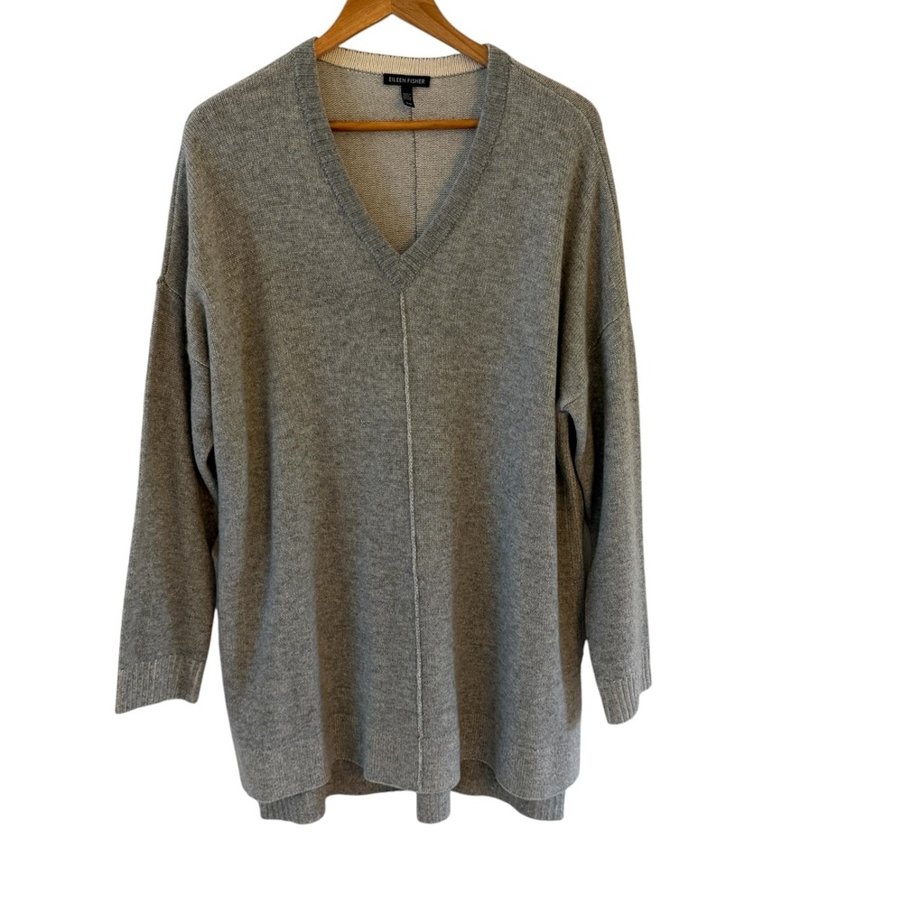 Eileen Fisher 100% Cashmere Tunic Sweater Womens L Gray V Neck Minimalist